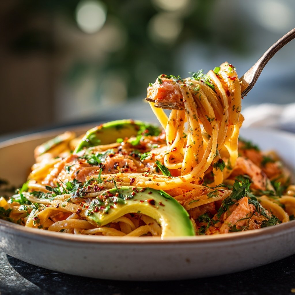 Spicy Salmon Linguine with Avocado