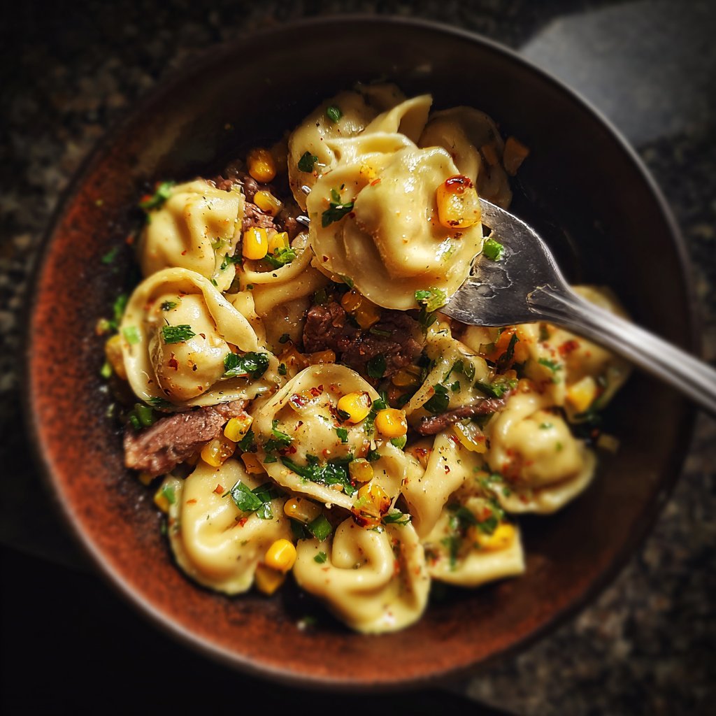 Garlic Steak Tortellini with Charred Corn